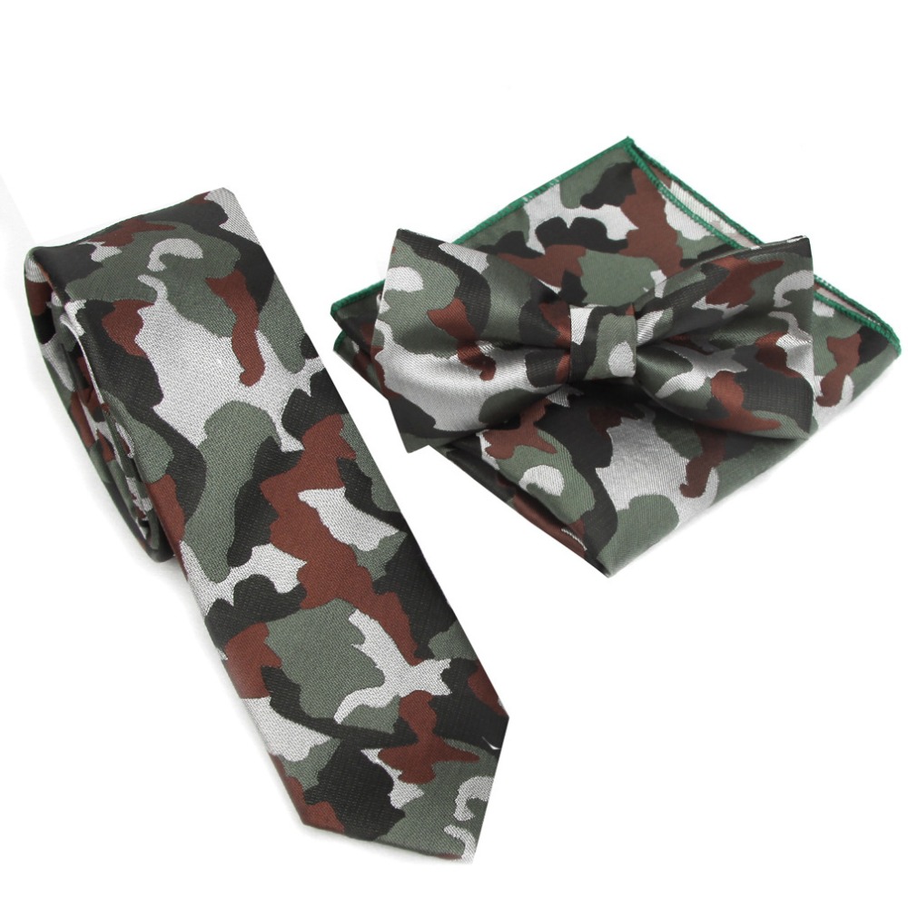 Skinny Tie Men - ชุดเนคไทโบว์ลายพรางสำหรับผู้ชาย ขนาด 2.3 นิ้ว พร้อมผ้าเช็ดหน้าแบบพกพา ผ้าพันคอผีเสื้อ